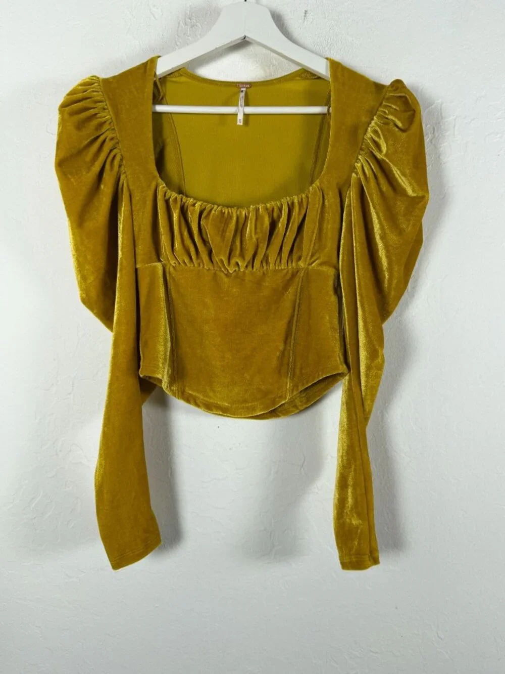 Free People Womens Hold Me Puff Sleeve Velvet Top XS Square Neck Ruched Mustard